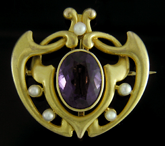Bippart, Griscom Art Nouveau amethyst and pearl brooch. (J9071)