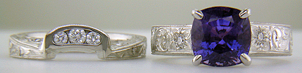 Custom hand-engraved platinum ring with Sapphire.