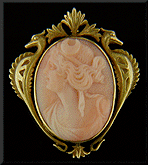 Art Nouveau coral cameo of Diana set in 14kt gold brooch (J5269).