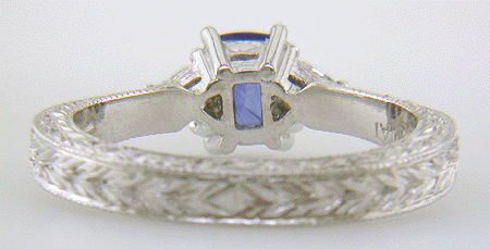 Inside view of platinum hand-engraved ring with cushion-cut sapphire and diamonds. (J8415)
