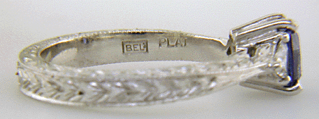 Inside view of platinum hand-engraved ring with Bijoux Extraordinaire hallmark ('BEL'). (J8415)