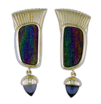 Rainbow Hematite earrings with an Iolite drop crafted in 18kt gold.