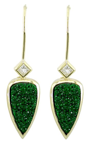 Drusy uvarovite earrings with princess-cut diamonds.