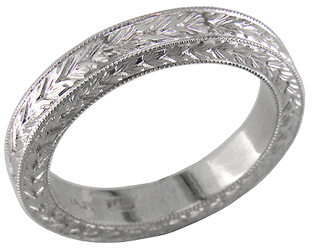 Hand engraved man's wedding band crafted in platinum Engraved Elegance
