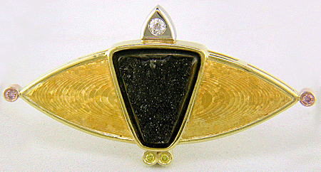Custom Yellow Gold Brooch with drusy Psilomelane, fancy intense pink diamonds, fancy intense yellow diamonds and white diamonds.