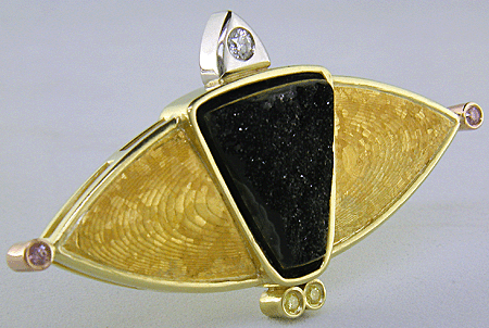 Custom Yellow Gold Brooch with drusy Psilomelane, fancy intense pink diamonds, fancy intense yellow diamonds and white diamonds.