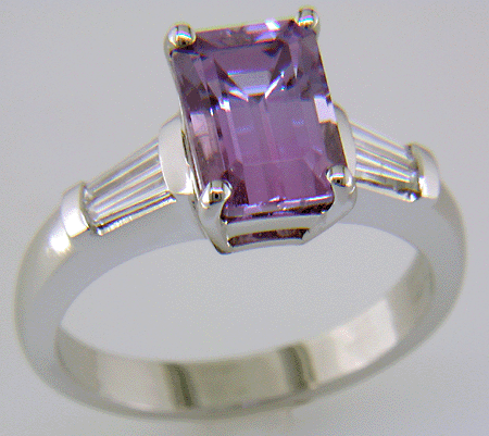 Lavender Sapphire set with tapered baguette diamonds in a hand-crafted platinum ring.
