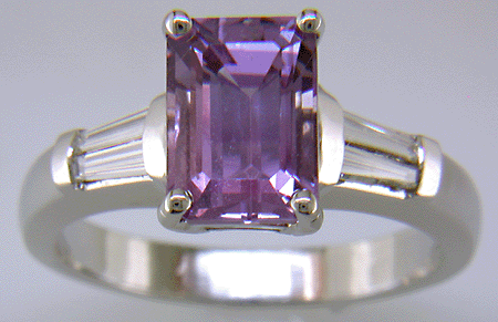 Lavender Sapphire set with tapered baguette diamonds in a hand-crafted platinum ring.