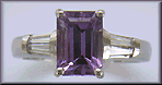 Lavender Sapphire set with tapered baguette diamonds in a hand-crafted platinum ring.