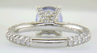 Inside view of Sapphire and pave diamond platinum ring.