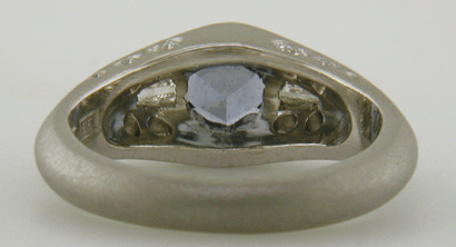 Inside of Montana Sapphire and baguette diamond ring. (J8433)