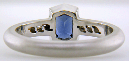 Inside view of Morph-cut Sapphire with round diamonds custom platinum ring. (J8543)