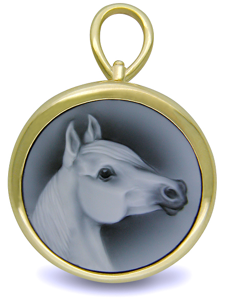 Custom carved onyx cameo horse in hand crafted 18kt yellow gold pin/pendant (J3763) 