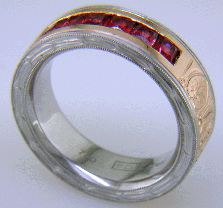Hand-engraved platinum and rose gold band with Red Spinels. (J7245)