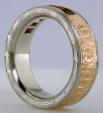 Hand-engraved platinum and rose gold band with Red Spinels. (J7245)