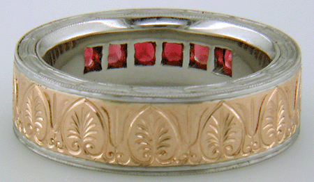 Inside view of hand-engraved  band with Red Spinels. (J7245)