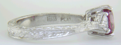 Inside view of platinum hand-engraved ring with Bijoux Extraordinaire hallmark ('BEL'). (J8424)