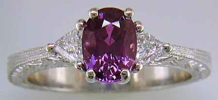 Plum Sapphire and trilliant diamond hand-engraved platinum ring. (J8424)