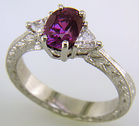 Plum Sapphire and trilliant diamond hand-engraved platinum ring. (J8424)