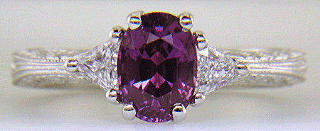 Plum Sapphire and trilliant diamond hand-engraved platinum ring. (J8424)