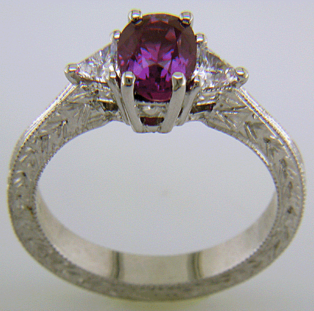 Plum Sapphire and trilliant diamond hand-engraved platinum ring. (J8424)