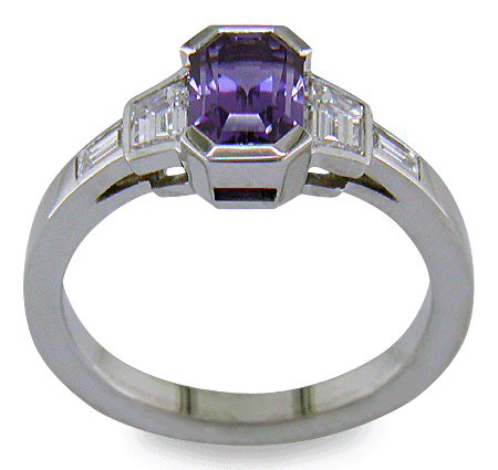 Side view of Purple sapphire and diamond handcrafted platinum ring. (J7264)