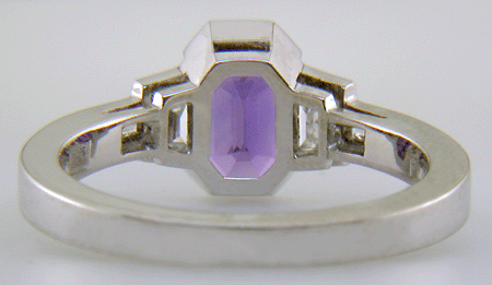 Inside view of Purple sapphire and diamond hand-crafted platinum ring.