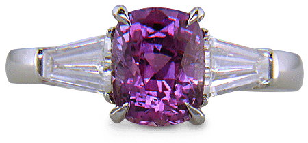 Purple Sapphire with tapered baguette diamonds in a custom platinum ring. (J8644)