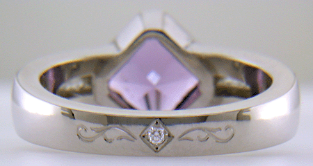 Inside view of Purple sapphire and diamond hand-crafted platinum ring.