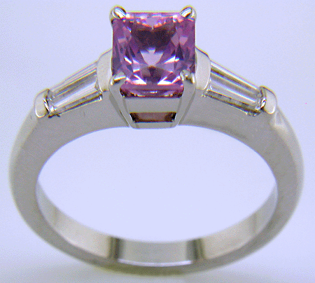 Side view of radiant Pink Spinel ring.