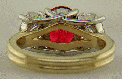 Inside view of Red Spinel trellis ring set with diamonds.