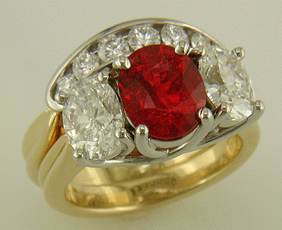 Red Spinel trellis ring with contoured diamond band.