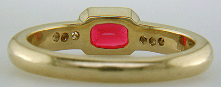 Inside view of emerald-cut Red Spinel set with round brilliant-cut diamonds in a hand-crafted ring. (J6776)