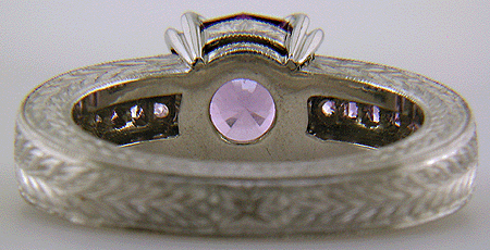 Inside view of lavender spinel set with sparkling lilac sapphires in a beautifully hand-engraved platinum ring.