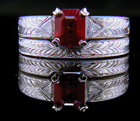 Platinum Art Deco Style Ruby and Diamond Engraved Ring