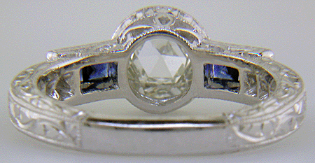 Inside view of Rose-cut diamond and Sapphire platinum ring.