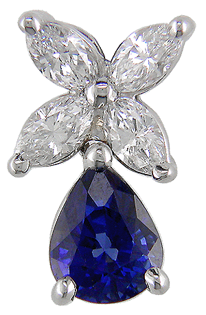 A striking diamond earring with a sapphire drop set in platinum. (J4789)
