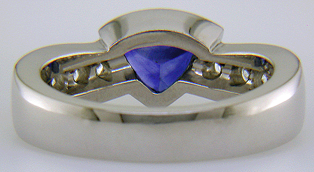 Inside view trillium sapphire and diamond custom platinum ring. (J6413)