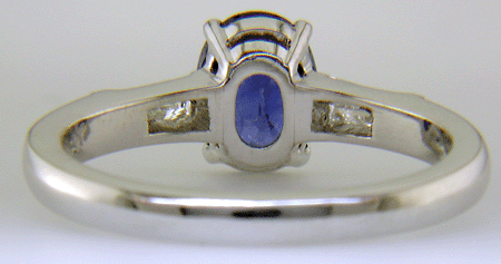 Inside view of oval Sapphire and diamond platinum ring.