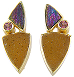 Drusy Quartz,  Rainbow Hematite and Rhodolite Garnet 18kt yellow gold earrings (J2905)