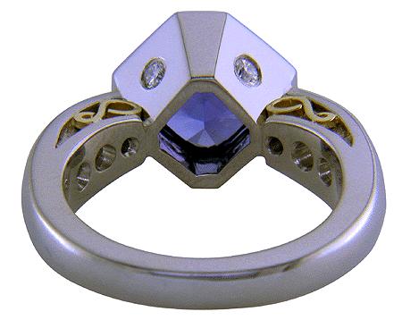 Inside view of tanzanite and diamond platinum ring.