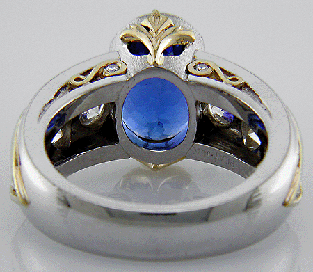 Inside view of custom tanzanite ring crafted in platinum and gold.