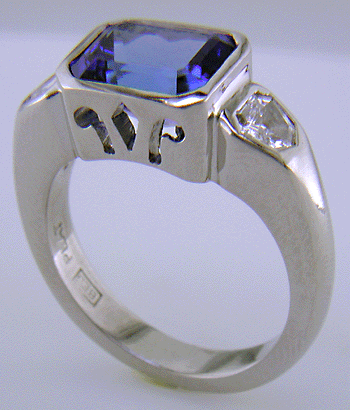 Barion-cut Tanzanite and diamond ring.