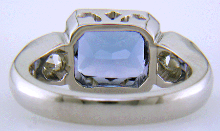 Inside view of Barion-cut Tanzanite and diamond ring.