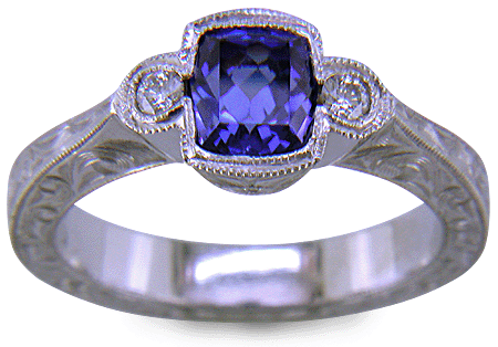 Tanzanite and diamond engraved ring.  (J8708)