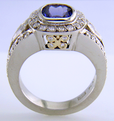Side view of tanzanite and diamond ring.