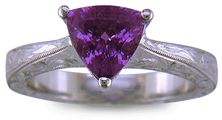 Hand engraved platinum ring with a trillium purple sapphire. (J8732)