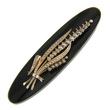 Victorian onyx and pearl Lilies of the Valley brooch. (J5335)
