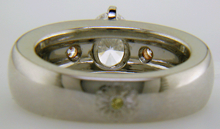 Inside view of custom platinum engagement ring with rose and green gold accents.