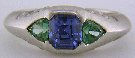 Sapphire and green tourmalines in a custom white gold ring.
